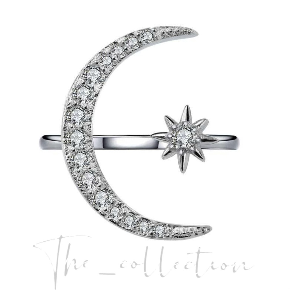 CRESCENT MOON STAR ADJUSTABLE OPEN RING IN SILVER - Picture 4 of 4